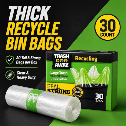 Heavy Duty Clear Recycling Bags | Tall & Strong Bags for Home & Kitchen - (30 Ct, 30 Gallons) Large Trash Bags Paper, Plastic & Aluminum | Thick Recycle Bin Bags (Clear)