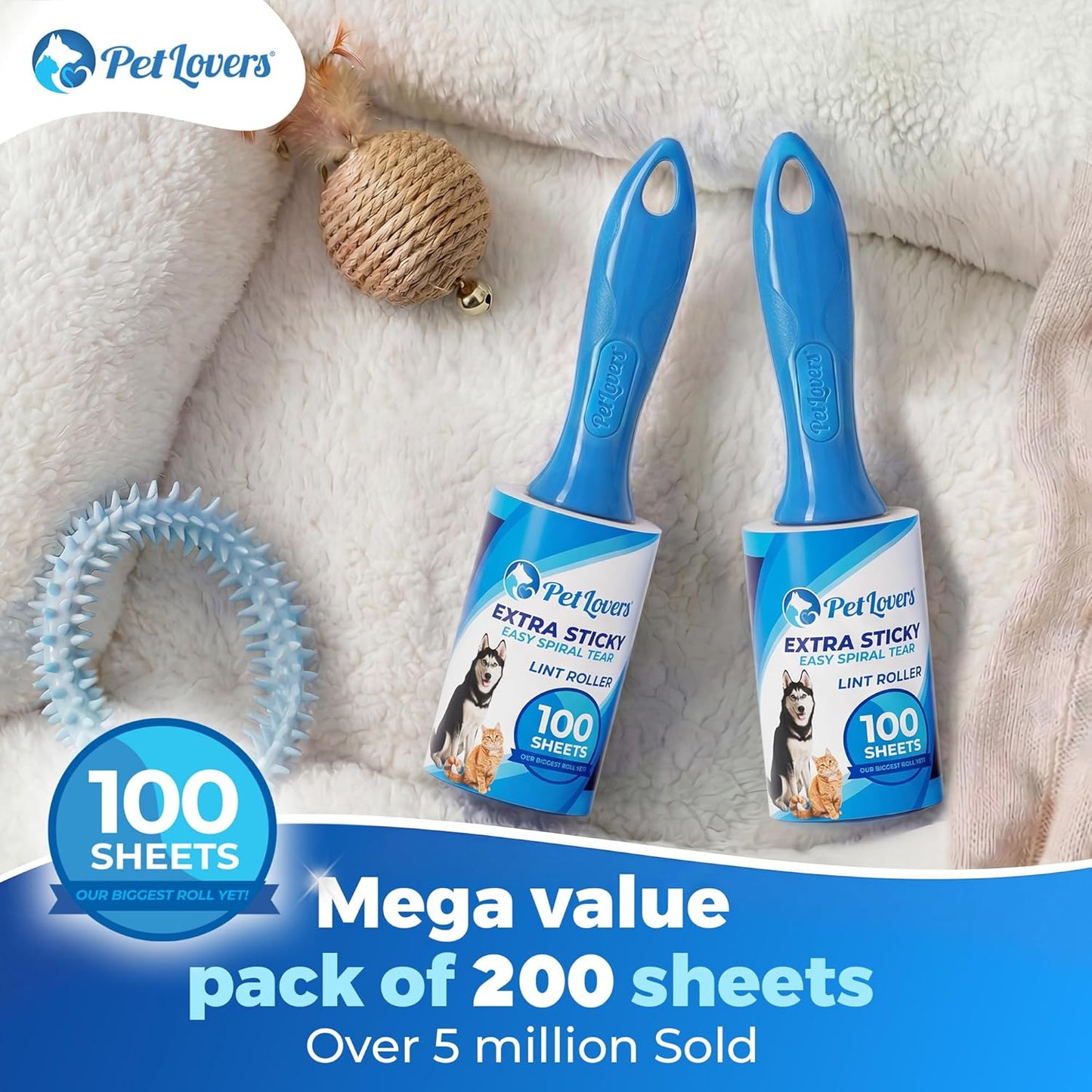 PetLovers Extra Sticky Lint Roller Mega Value Set 600 Sheets for Pet Hair Removal, Dog and Cat Lint Remover 6 Pack
