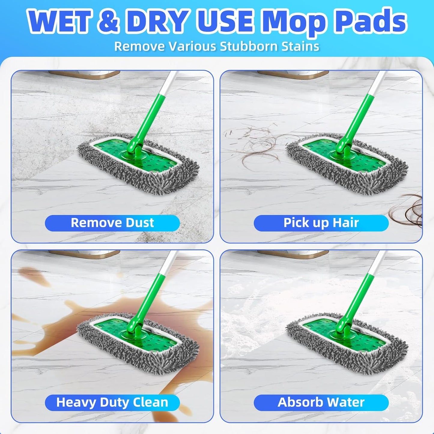 Reusable Mop Pads Compatible with Swiffer Sweeper Mop, Microfiber Dry Sweeping Cloths & Machine Washable Wet Pads Refill for Use on All Sealed Floors - Stone, Hardwood, Laminate & Tile (6 Blue)