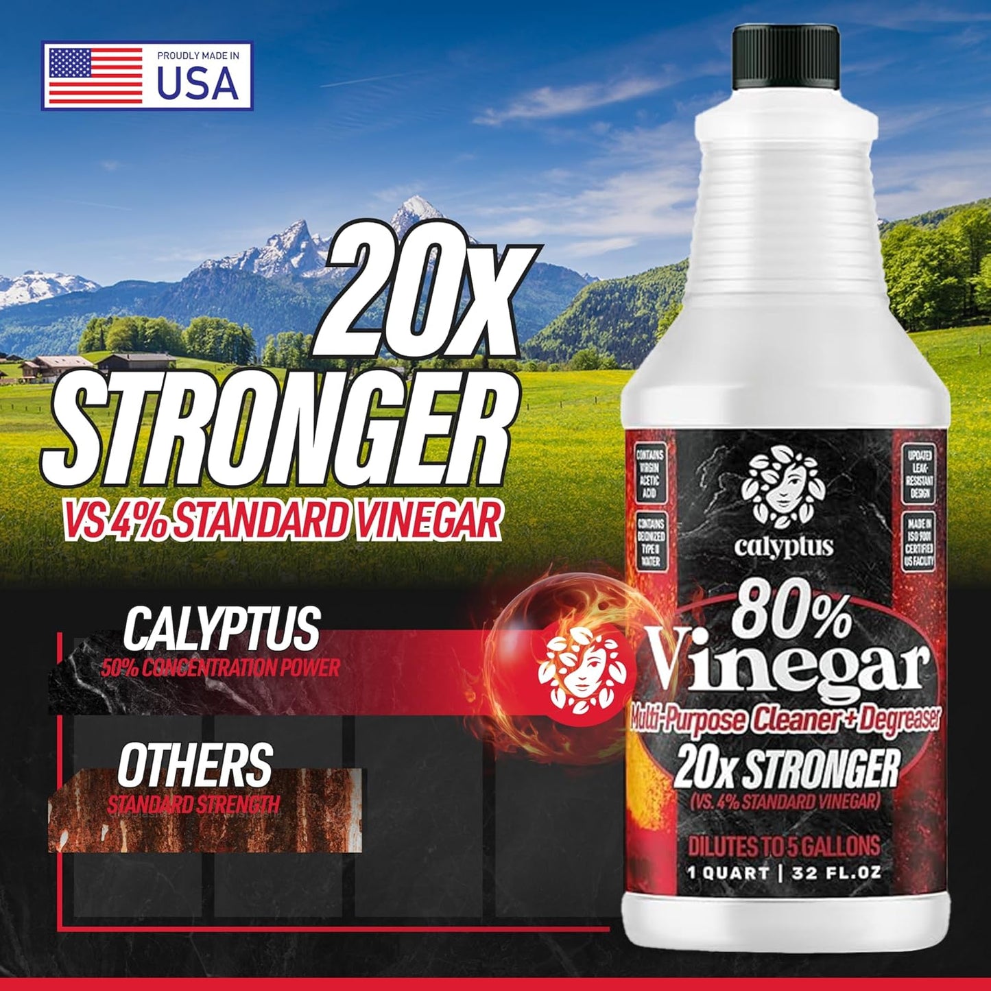 Calyptus 80% Pure Concentrated Vinegar | Ultra-Performance (20X) Power | Technical Grade | Dilutes Easily to 5% Acidity (1 Cup per Gallon) | Home and Outdoor Cleaning Concentrate | 2 Quart