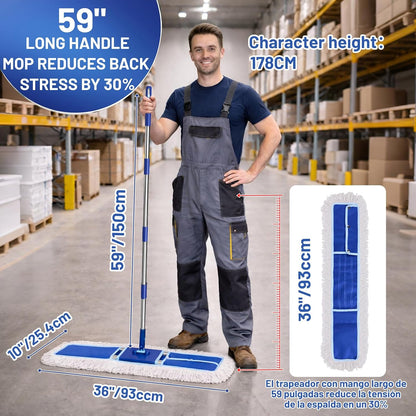 36" Commercial Dust Mop: Dry Dust Broom for Hardwood Floors Cleaning - 2 Mop Pads 59" Long Handle Heavy Duty Frame - Industrial Professional Cleaning Supplies for Hotel Warehouse School Janitor