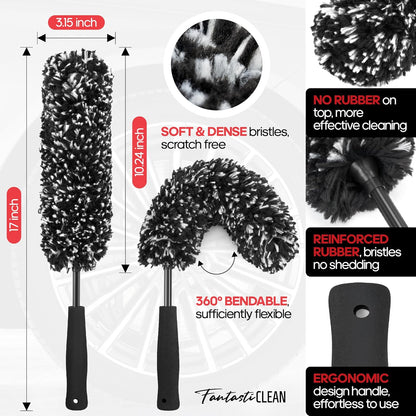 Fantasticlean 7PCS Car Wheel Cleaning Pro Kit, Tire Brush, Soft-bristled Rim Brush, Microfiber Flat Wheel Brush, Double-Ended Detailing Brush, Detailing Pads, Scratch-Free & Multipurpose