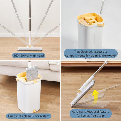 Mop and Bucket Set with Pump System for Home, Hands Free Self Cleaning with 3 Compartments to Separate Clean from Dirty Water, with 2 Machine Washable Microfiber Mop Pads, Patent Pending, in Gift Box