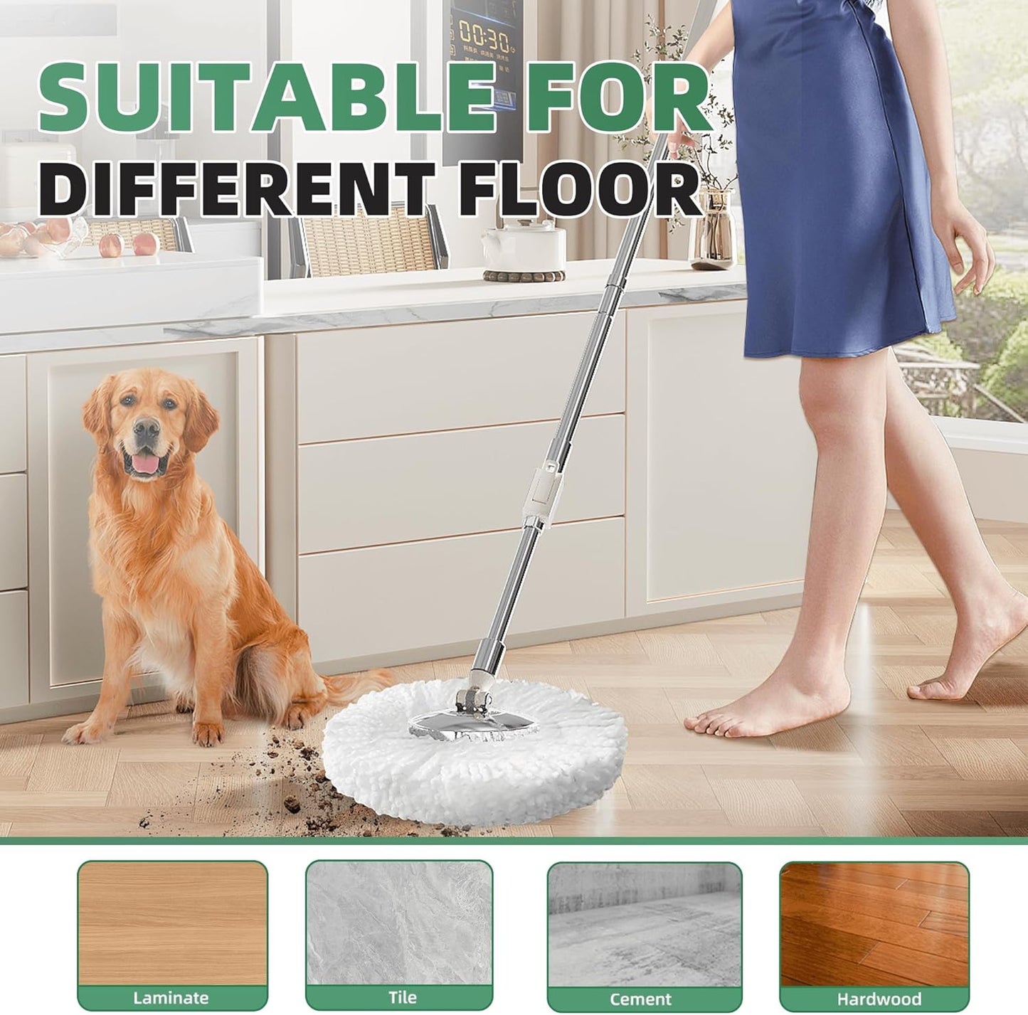 Spin Mop and Bucket with Wringer Set for Home,360° Mop and Bucket with Separate Clean and Dirty Water,Wet Dust Mop for Floor Cleaning with Extra Refills (Silver)