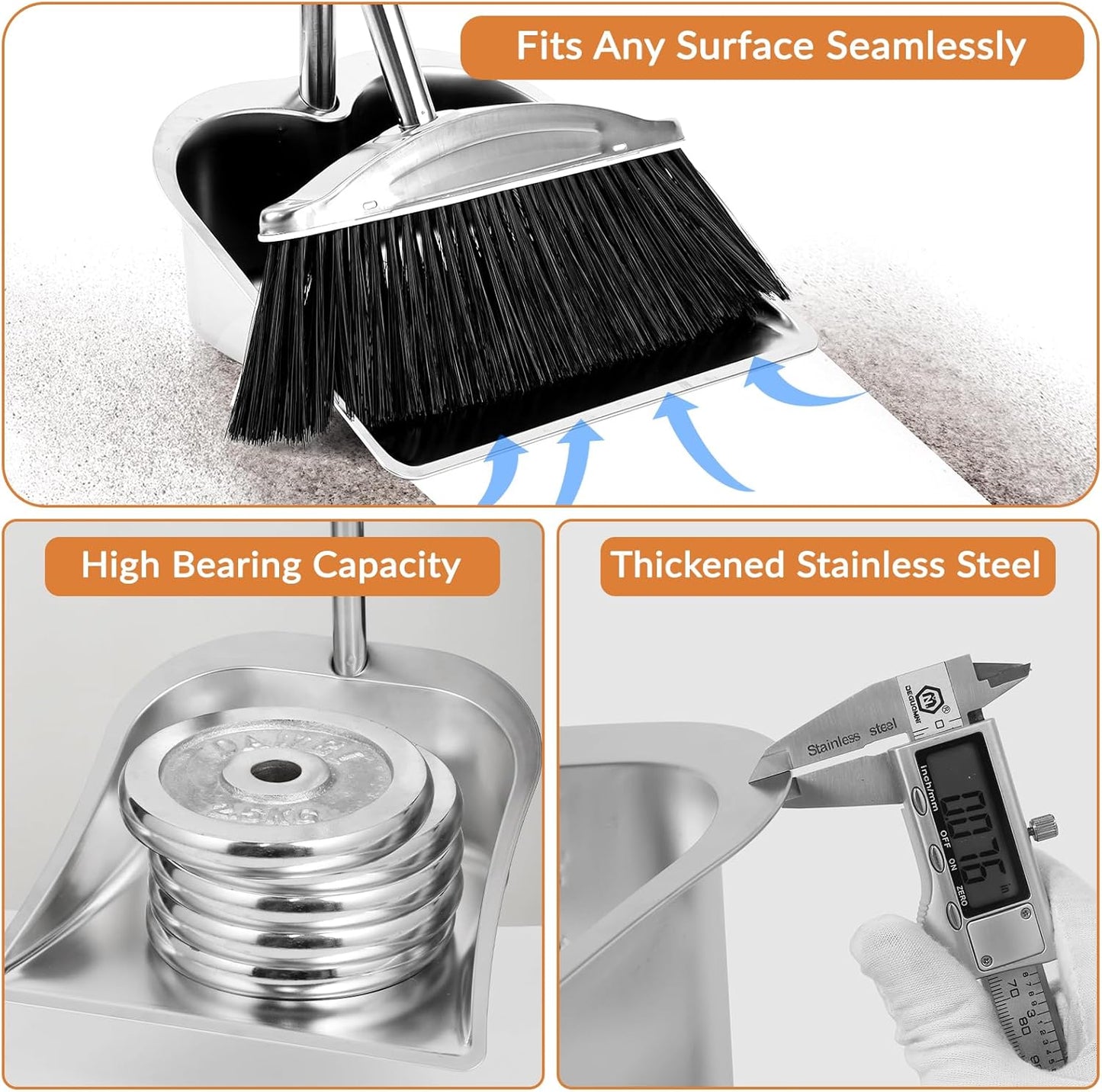 VOOWO Broom with Dustpan Combo Set, 46" Stainless Steel Broom and Dustpan Set for Home, Heavy Duty Dust Pan with Long Handle, Broom for Sweeping Indoor and Outdoor, Kitchen Broom and Dust Pan (Khaki)
