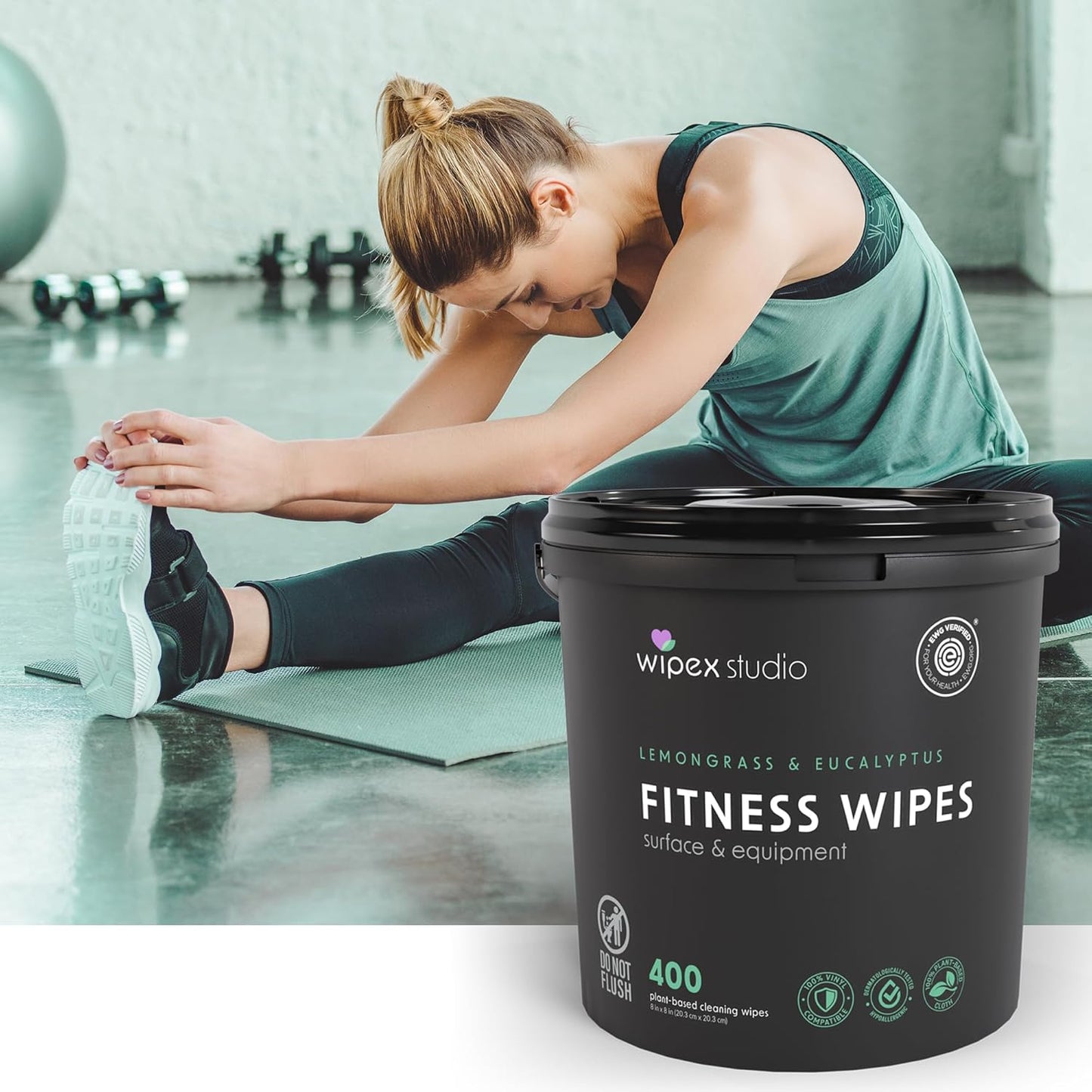 Wipex Yoga Mat Cleaner Wipes, EWG Verified, 400 Ct Plant-Based Lemongrass, Eucalyptus & Vinegar Wipes for Gym & Fitness Equipment & All Purpose Gym Cleaning - Safe for Peloton Bikes & Treadmills