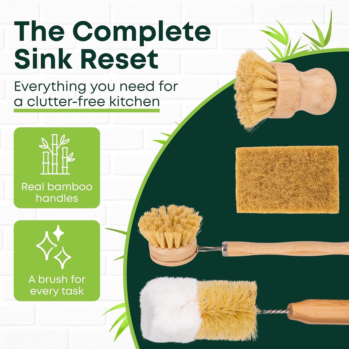 Tieralia Bamboo Dish Brush Gift Set – 5-Piece Kitchen Cleaning Set with Bottle Brush, Round Scrub Brush, Palm Brush & 2 Plant-Based Sponges | Wooden Handle Cleaning Tools for Dishes & Surfaces