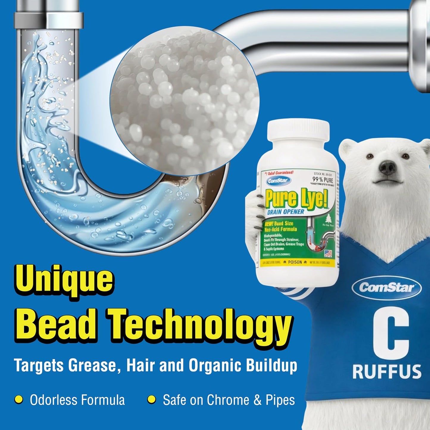 Pure Lye 1 lb - Unique Sodium Hydroxide Beads | Drain Opener & Soap Making | Biodegradable, Eco-Friendly (30-500)