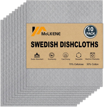 MoLKENE Swedish Dish Cloths - 10 Pack Reusable Kitchen Dishcloths - Ultra Absorbent Dish Towels for Washing Dishes - Cellulose Sponge Cloth Cleaning Rag - Assorted