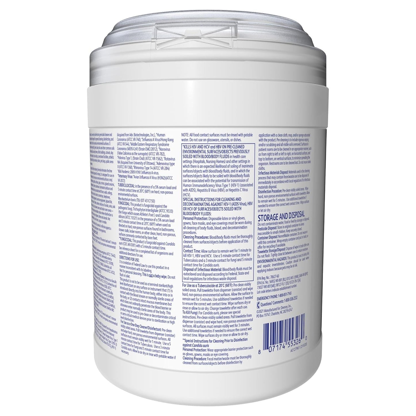 Oxivir Diversey Tb 5388471 Ready-to-Use Disinfectant Cleaning Wipes, Accelerated Hydrogen Peroxide, Large 7x8-Inch Sheets, 60-Wipes, 1-Slim Canister