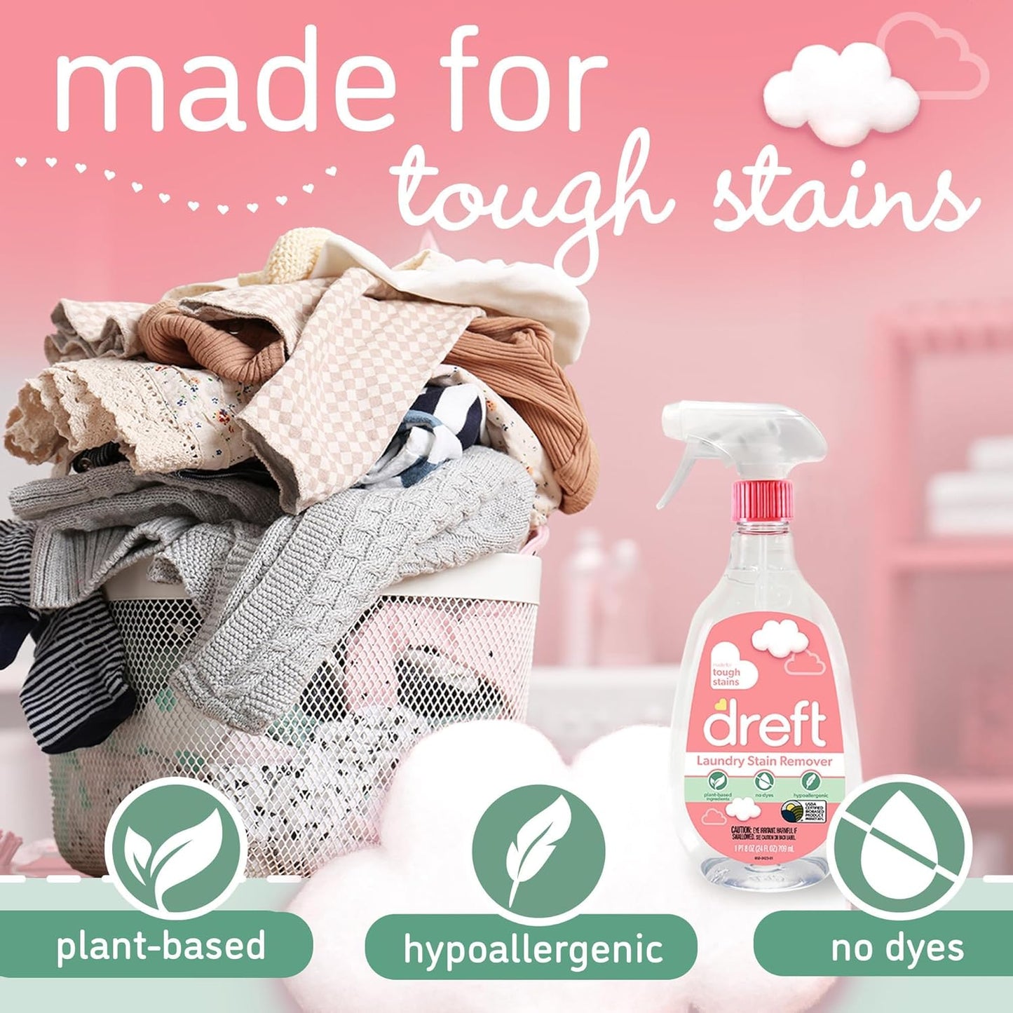 Dreft Stain Remover for Baby Clothes and Hypoallergenic Baby Stain Remover Spray Plus Travel Size Stain Treater Pen, 24 Fl Oz ( Pack of 2 + Stain Pen)