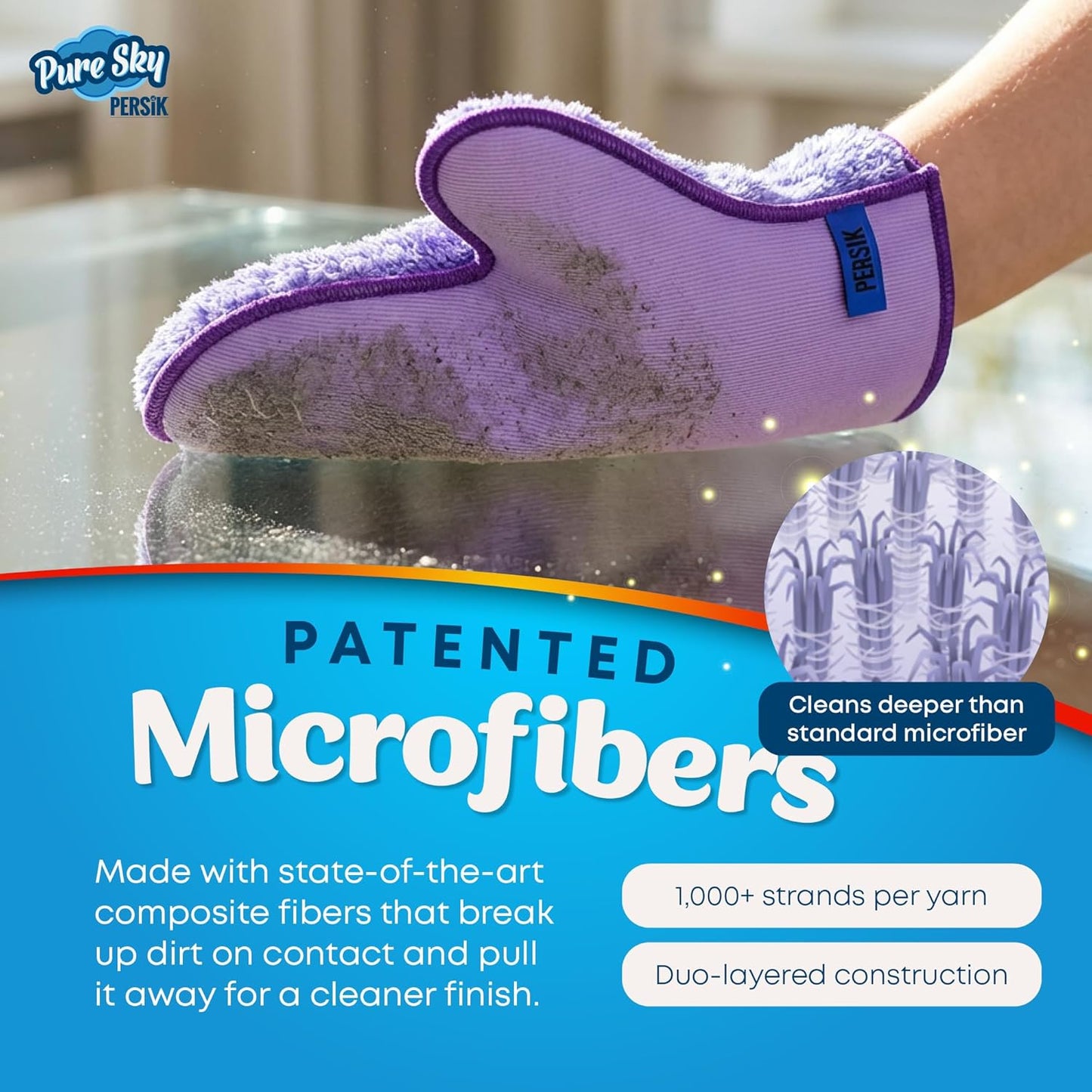 persik Pure-Sky Microfiber Glove Dusting Mitt - Ultra Microfiber Cleaning Cloth Glove - JUST ADD Water No Detergents Needed - Use for Cleaning Furniture, Home
