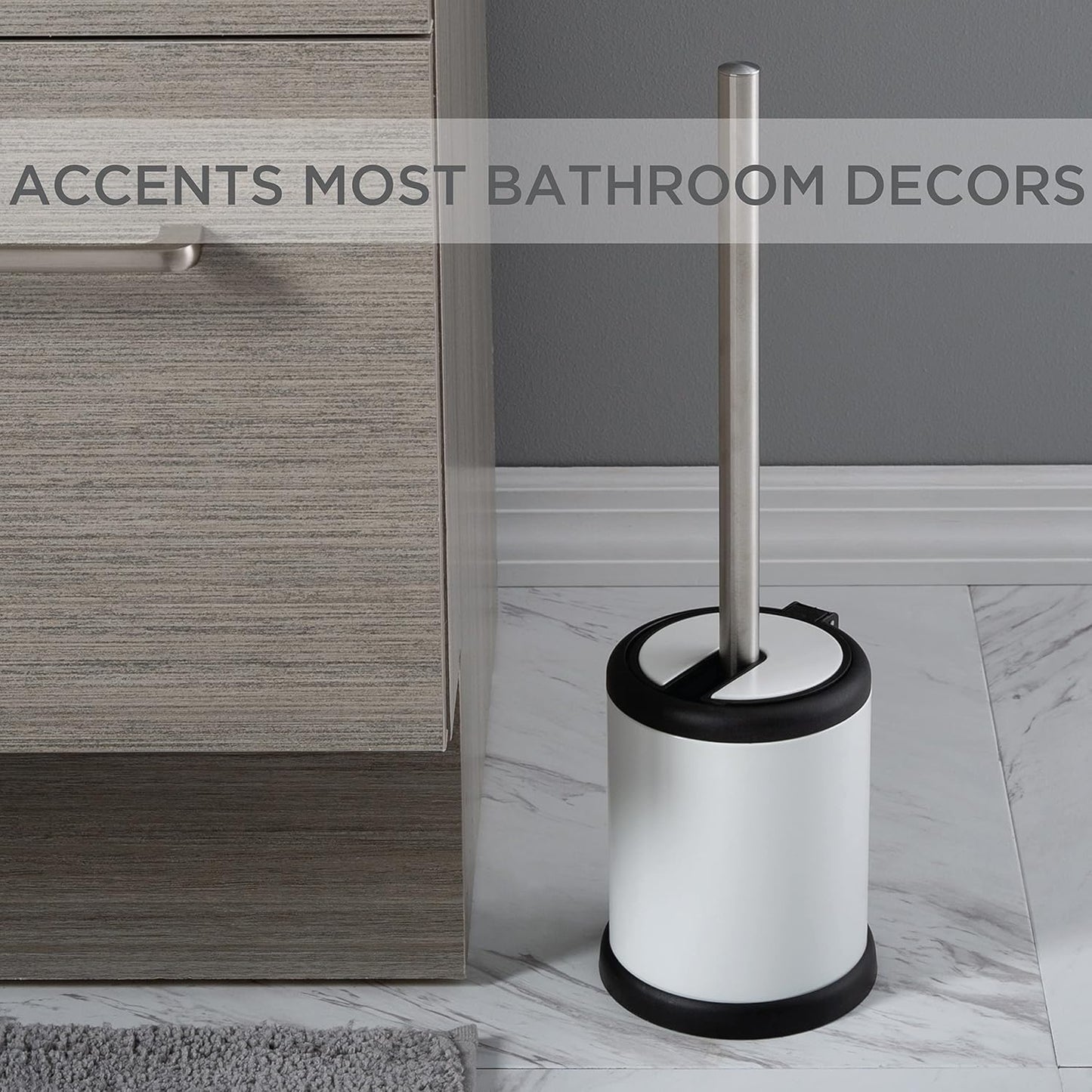 Bath Bliss Toilet Brush and Holder | Self Closing Lid | 360 Degree Brush Head | Bathroom Cleaning | Compact Size | Storage and Organization | Stainless Steel