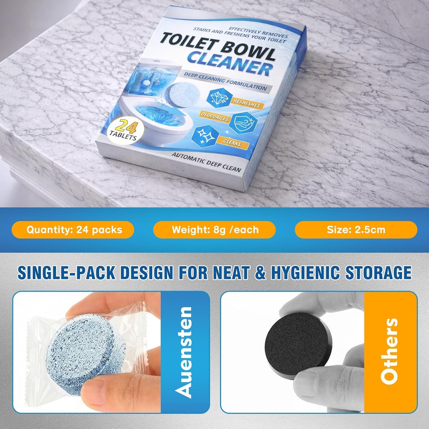 Toilet Bowl Cleaner Tablets -24 Count, Drop-In Toilet Tablets, Long-Lasting Slow Dissolve, Helps Reduce Limescale and Hard Water Stains, Deodorizing Blue Water Freshener for Easy Toilet Cleaning