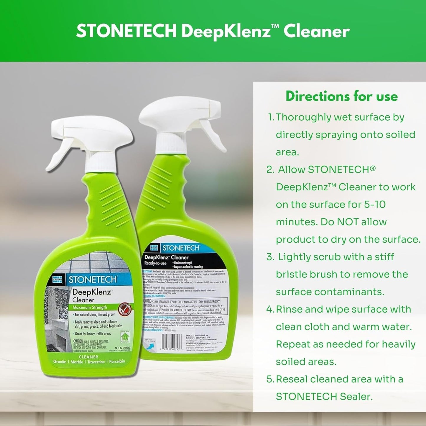 Cleaner Spray Bottle for Stonetech Deepklenz - Removes Dirt, Grime, Grease, Oil & Food Stains - Cleans Natural Stone, Tile & Grout Surfaces - Maximum Strength Multi-Surface Cleaner for Home - 24 oz