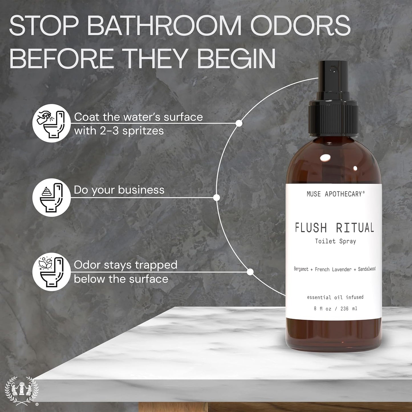 Muse Apothecary Flush Ritual - Aromatic & Refreshing Toilet Spray, Use Before You Go, 4 oz, Infused with Natural Essential Oils - Coconut + Sandalwood