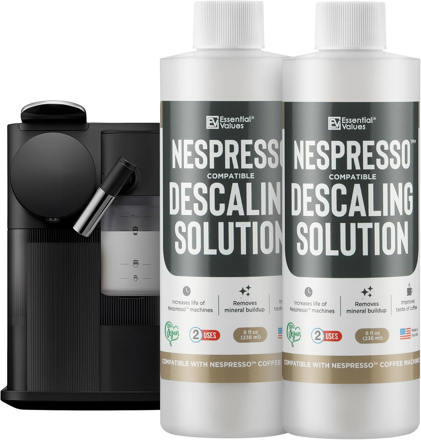 Essential Values Descaling Solution (8 fl oz / 236 ml) – Coffee Maker Cleaner for Nespresso, Keurig, Breville & More – Works on All Machines & Espresso Makers – Made in USA