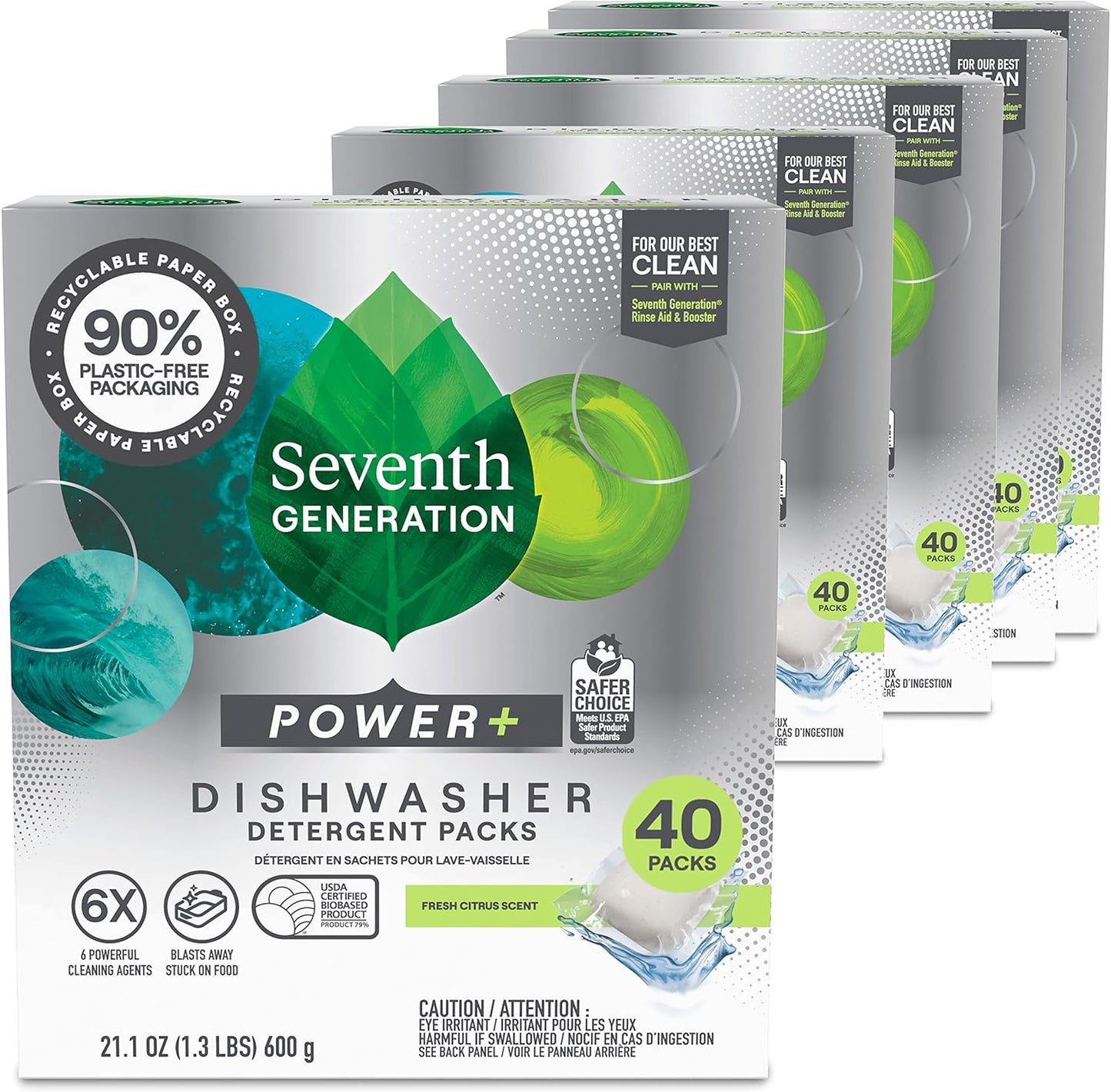 Seventh Generation Power Plus Dishwasher Detergent Packs Fresh Citrus scent Pack of 2 for sparkling dishes Dishwasher tabs 40 count