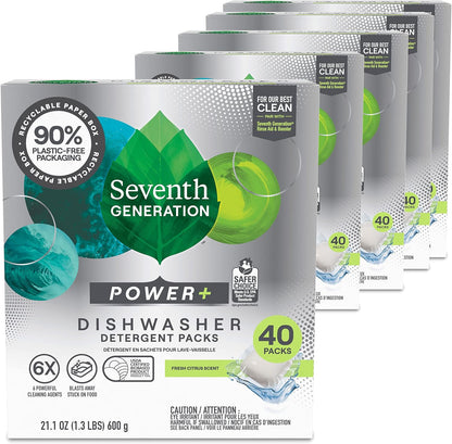 Seventh Generation Power Plus Dishwasher Detergent Packs Fresh Citrus scent Pack of 2 for sparkling dishes Dishwasher tabs 40 count