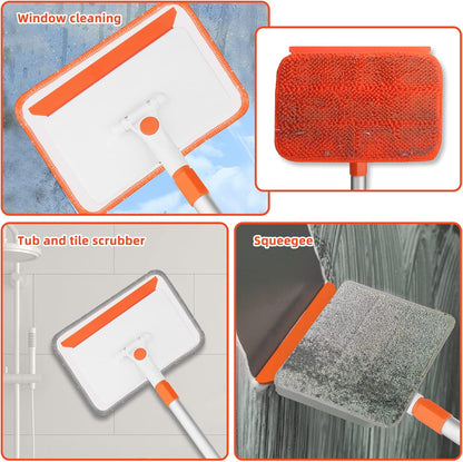 Qaestfy Wall & Baseboard Cleaner Mop Tool with 49'' Long Handle for Cleaning Window Floor Skirting Board Ceiling Bathtub Tub Tile Scrubber Brush Duster with 4 Reusable Pads