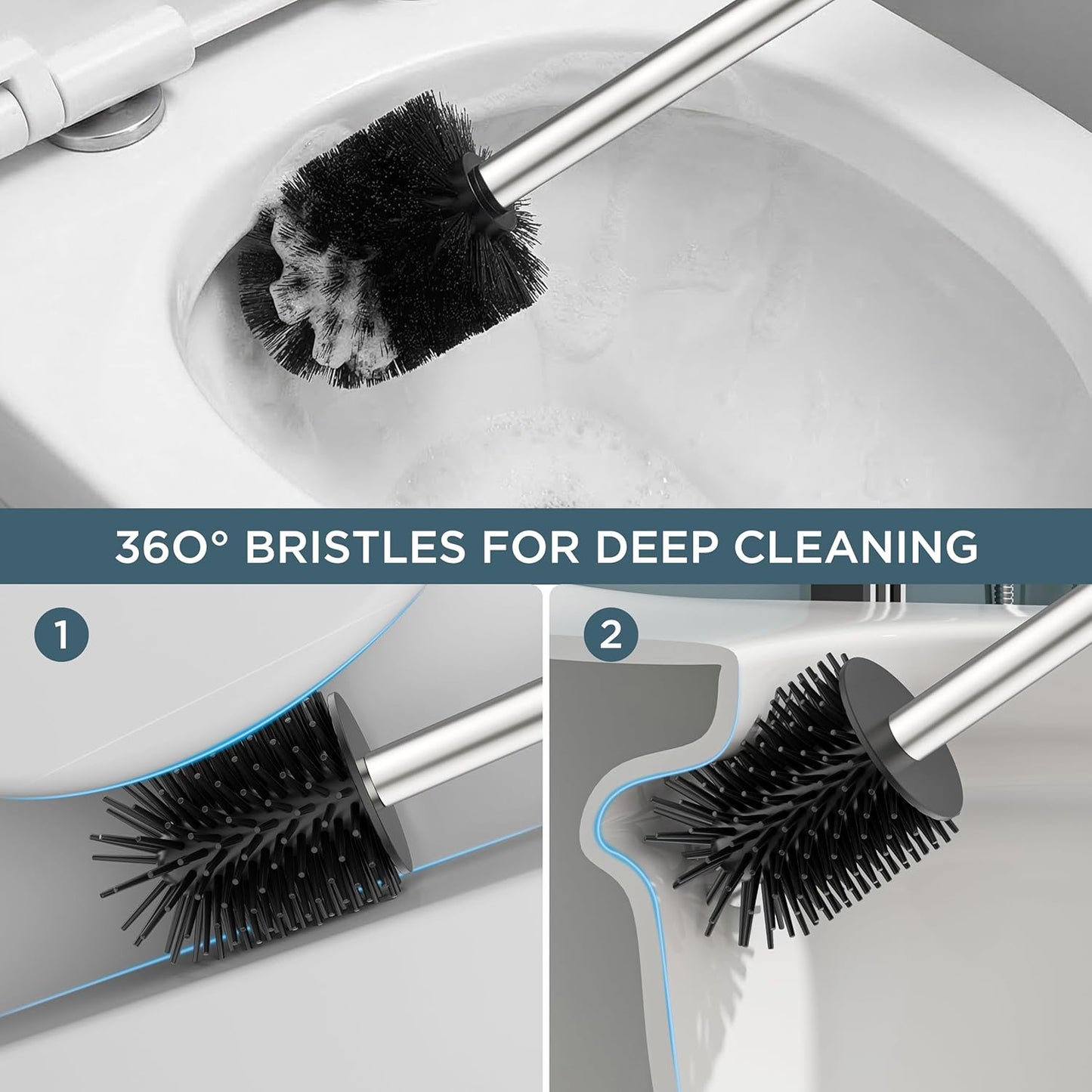 FORIOUS Toilet Brush and Holder Set, Heavy Duty 304 Stainless Steel Base Square and Long Handle for Bathroom Deep Cleaning, Drip-Proof, Space Saving for Storage, 2 Toilet Bowl Brush Head, Black