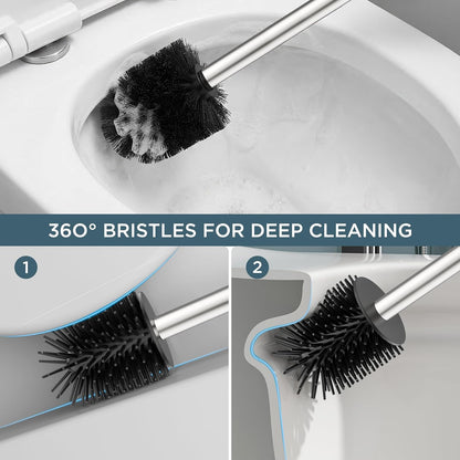 FORIOUS Toilet Brush and Holder Set, Heavy Duty 304 Stainless Steel Base Square and Long Handle for Bathroom Deep Cleaning, Drip-Proof, Space Saving for Storage, 2 Toilet Bowl Brush Head, Black