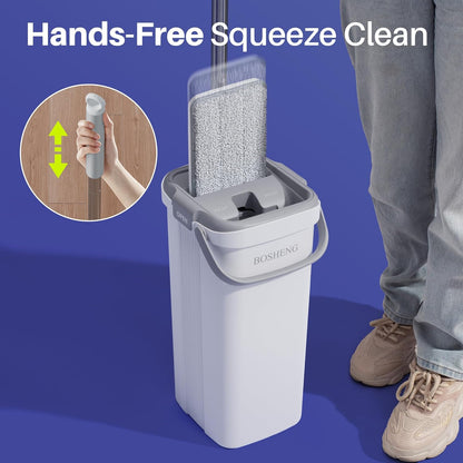 BOSHENG Mop and Bucket with Wringer Set, Flat Floor Mop and Bucket, with 3 Microfiber Mops for Floor Cleaning, Wet and Dry Use for Household Cleaning - White