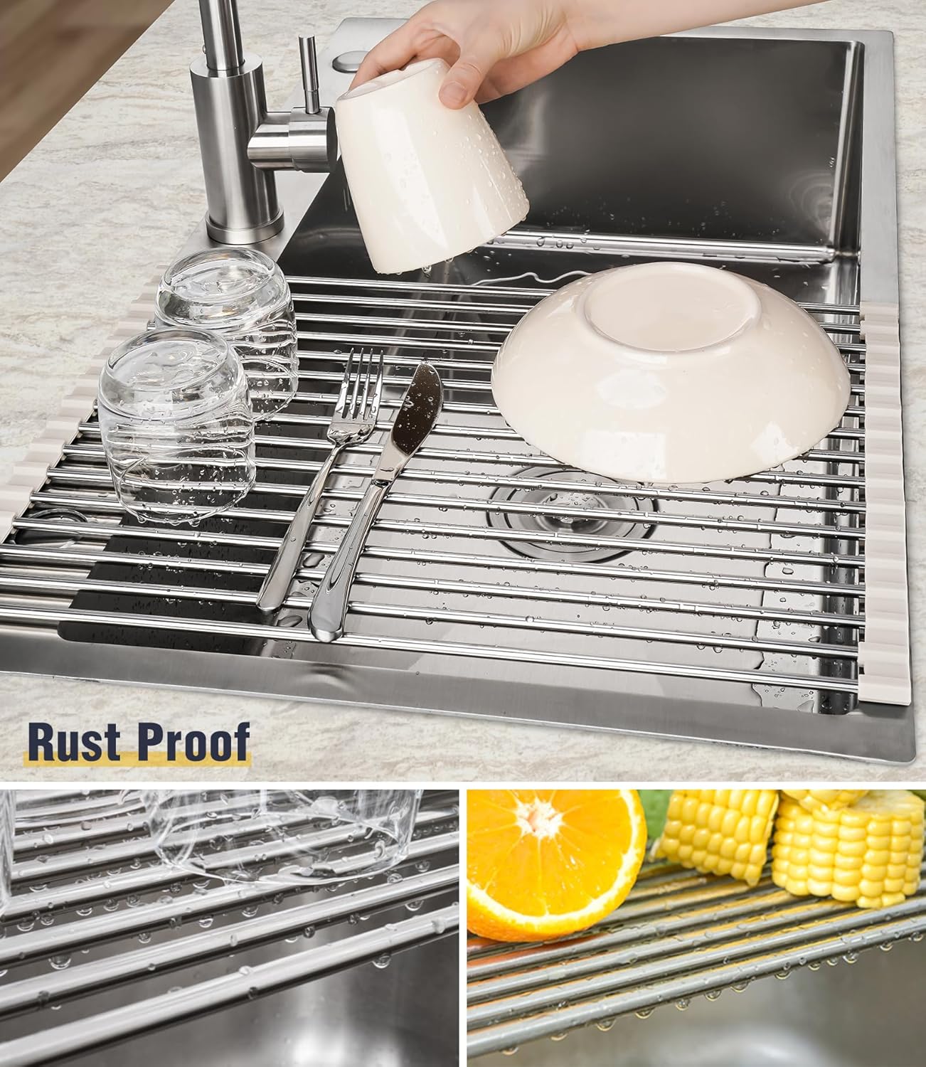 Tomorotec 17.7" x 15.5" Roll Up Dish Drying Rack Over Sink Drying Rack Sink Cover Kitchen Sink Accessories Gadget Multipurpose Organizer Foldable Stainless Steel Drainer (Grey)
