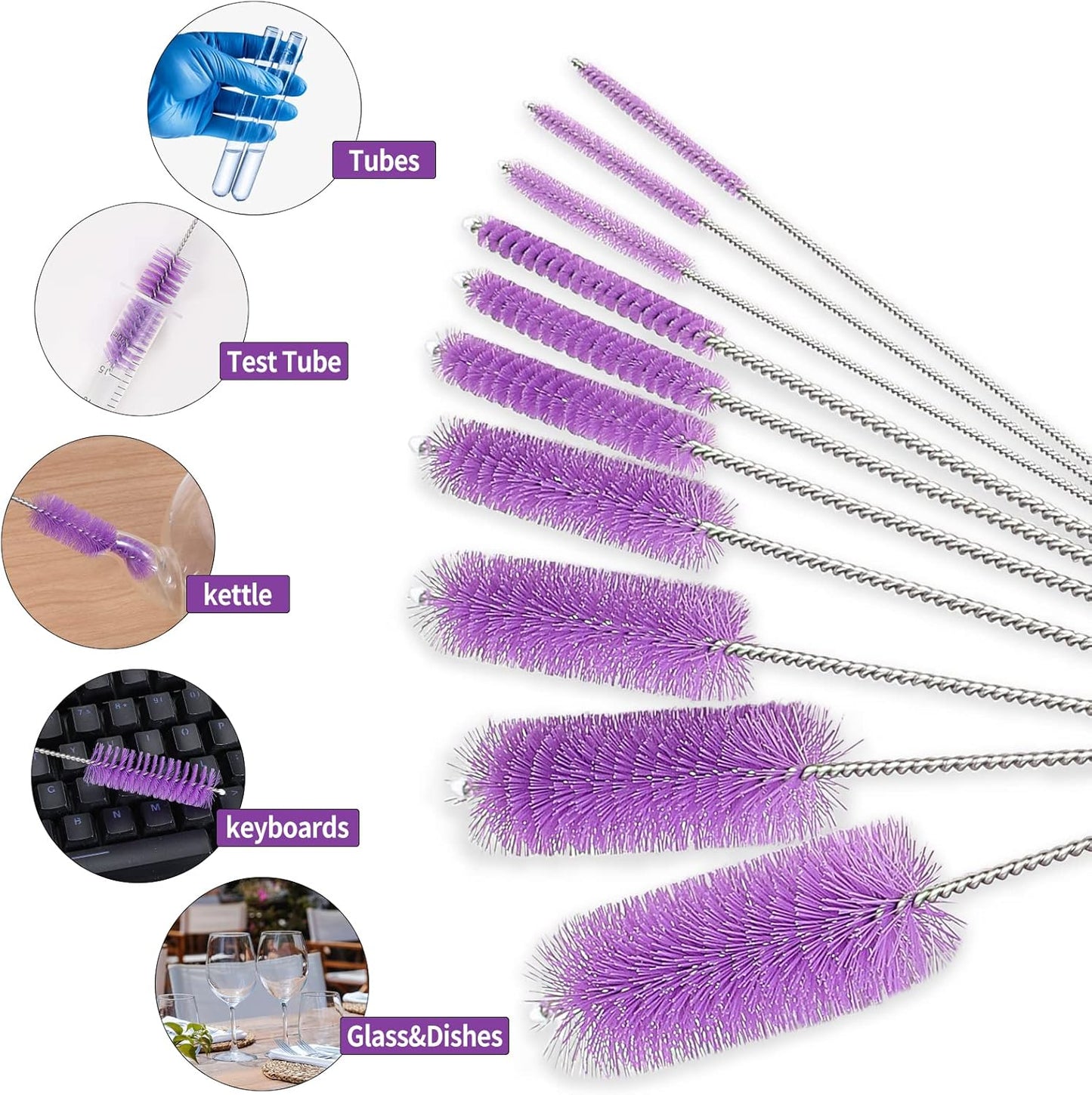 CiaraQ Bottle Cleaning Brushes, 8 Inch Nylon Tube Brush Set, Cleaner for Narrow Neck Bottles Cups with Hook, Set of 10pcs