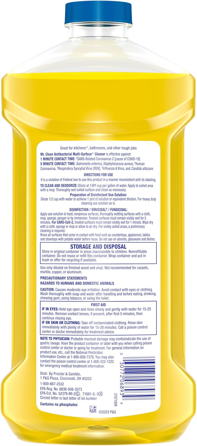 Mr. Clean Antibacterial All Purpose Cleaner, Floor Cleaner for Mopping Home, Bathroom, & Kitchen, Cleaning Liquid for Mop & Bucket, Cleaning Supplies, Multi-Surface Dilutable, Lemon, 99oz