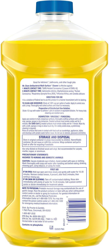 Mr. Clean Antibacterial All Purpose Cleaner, Floor Cleaner for Mopping Home, Bathroom, & Kitchen, Cleaning Liquid for Mop & Bucket, Cleaning Supplies, Multi-Surface Dilutable, Lemon, 99oz