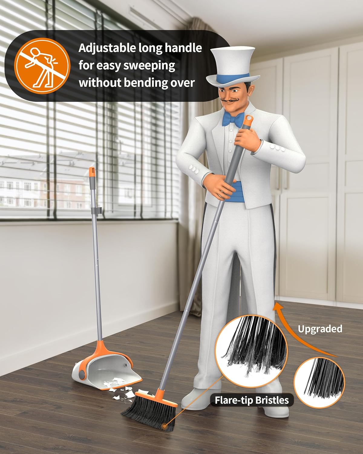MR.SIGA Broom and Dustpan Set with Adjustable Long Handle, Upright Combo for Floor, Cleaning Lobby, Gray