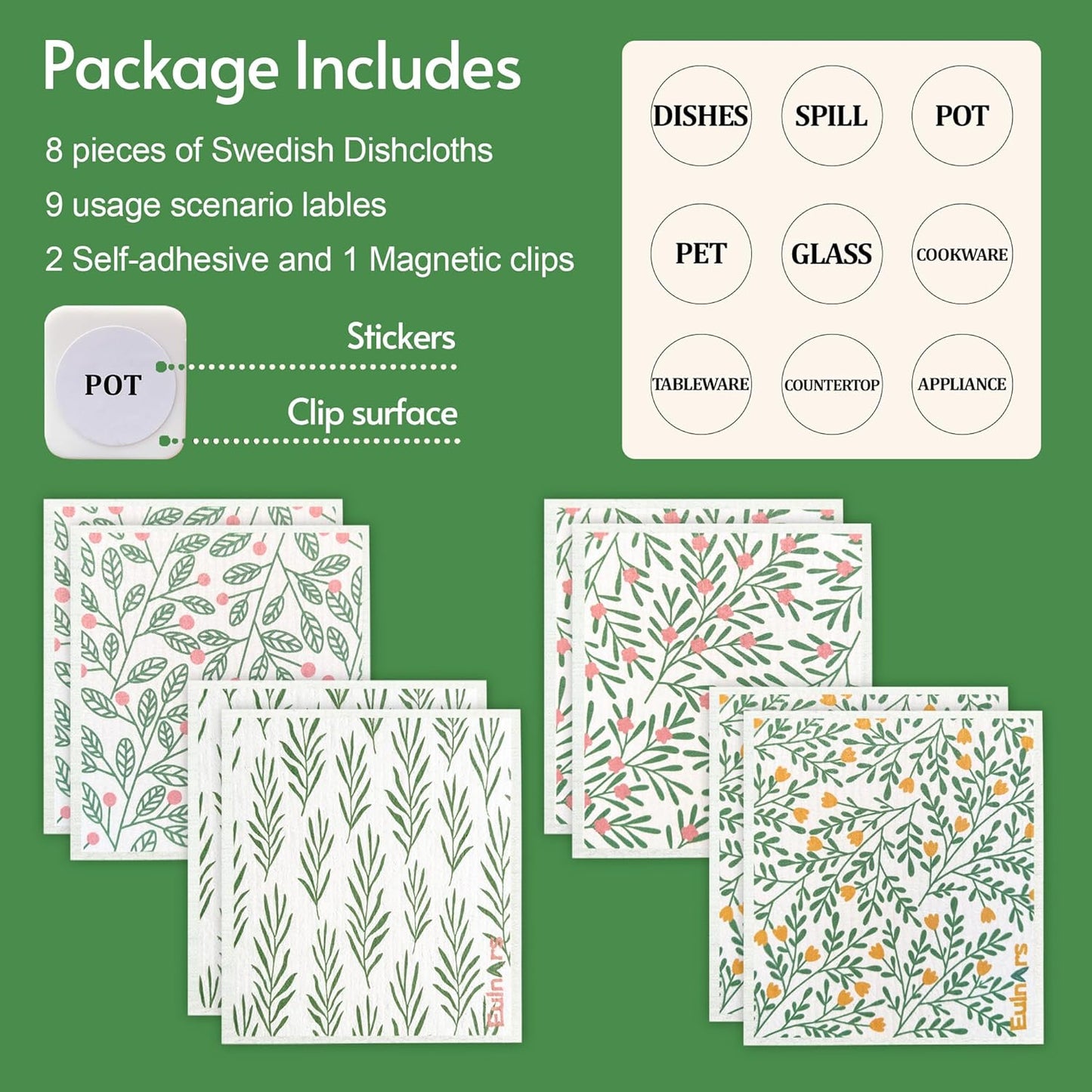 Eulnars Swedish Dishcloths for Kitchen, 8 Pack Reusable Paper Towels with Clips, Non-Scratch Swedish Kitchen Towels, Super Absorbent Cellulose Sponge Cloths, Dishwasher Safe, No Odor