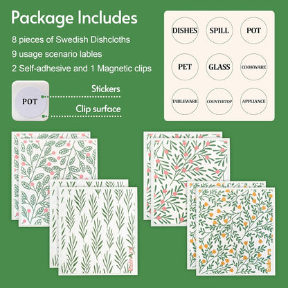 Eulnars Swedish Dishcloths for Kitchen, 8 Pack Reusable Paper Towels with Clips, Non-Scratch Swedish Kitchen Towels, Super Absorbent Cellulose Sponge Cloths, Dishwasher Safe, No Odor