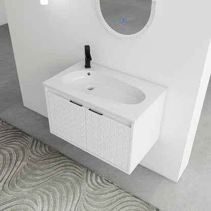 SSLine Modern 24-Inch Bathroom Vanity with Sink Wall Mounted Bathroom Vanity with Top Basin & Storage Cabinet White Wood Floating Vanity w/Ceramic Sink & Gold/Black Handles for Small Space