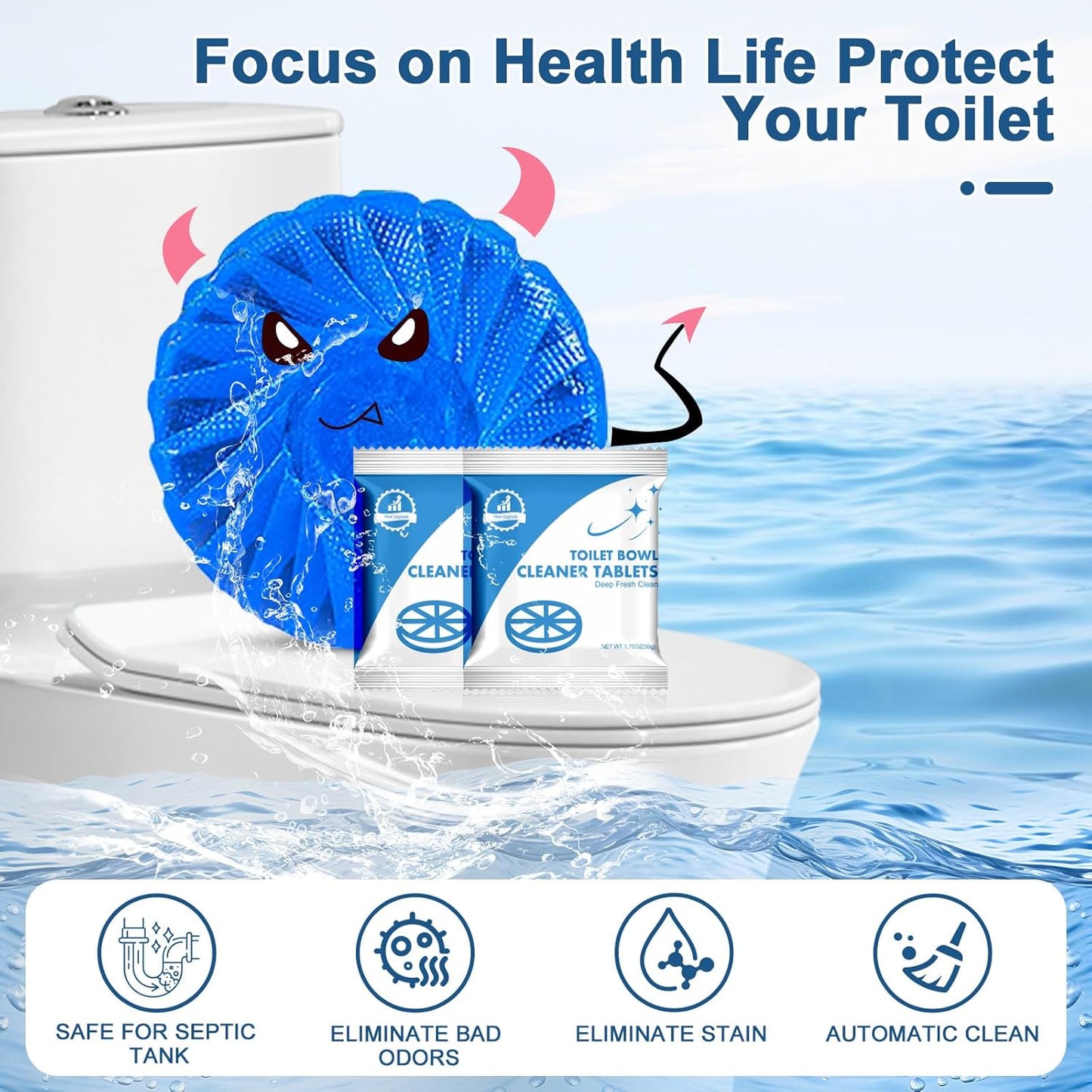 Msvvko Toilet Bowl Cleaner Tablets Blue Toilet Tank Cleaners, Septic-Safe Hard Water Stain Remove, Bathroom Automatic Toilet Cleaning & Deodorizer, Fresh Scent - 30 Tabs