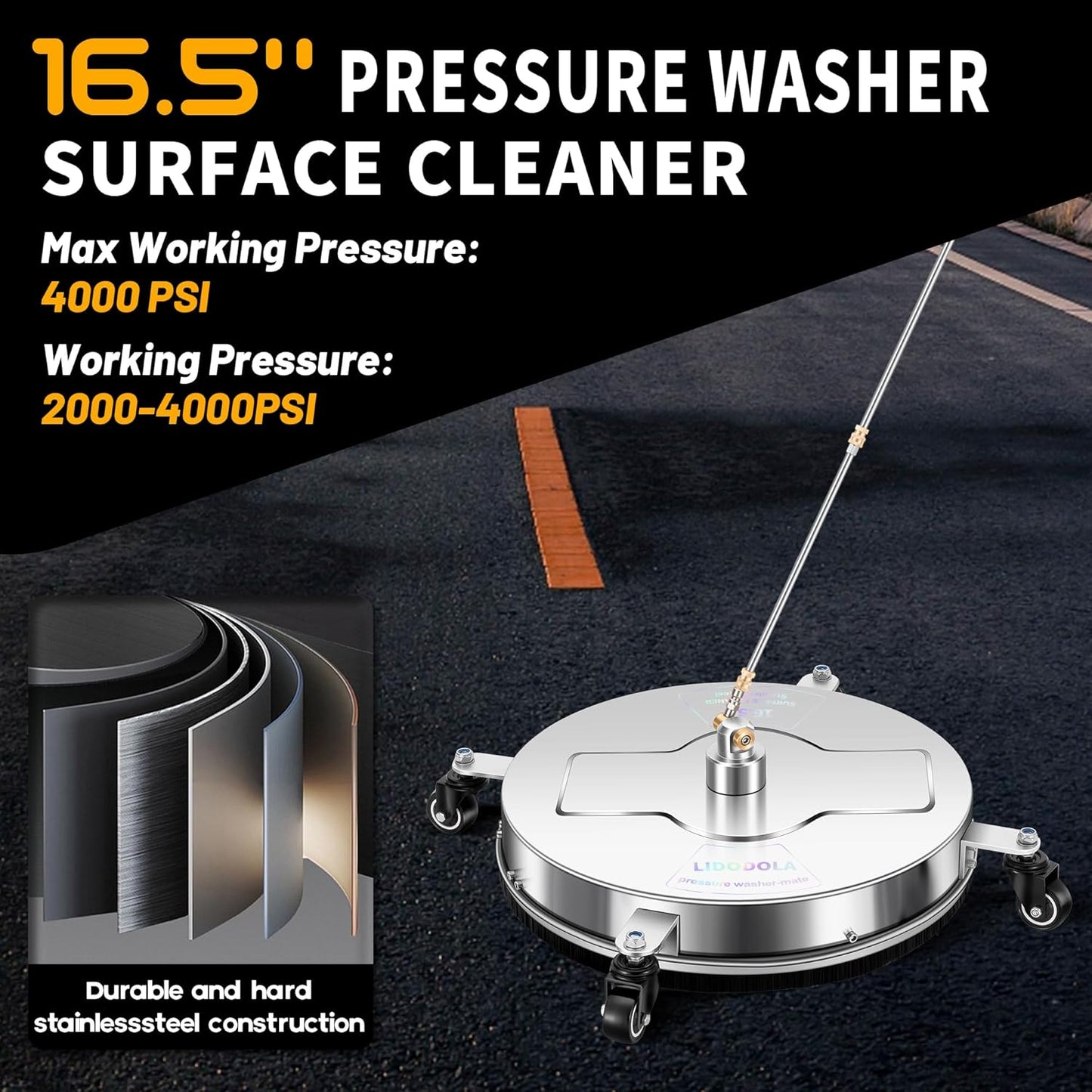 14" Pressure Washer Surface Cleaner with 4 Wheels - Stainless Steel Surface Cleaner for Pressure Washer Attachment for Concrete, Patio, Sidewalk, Deck and Driveways - PWS14