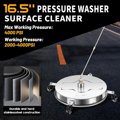 14" Pressure Washer Surface Cleaner with 4 Wheels - Stainless Steel Surface Cleaner for Pressure Washer Attachment for Concrete, Patio, Sidewalk, Deck and Driveways - PWS14