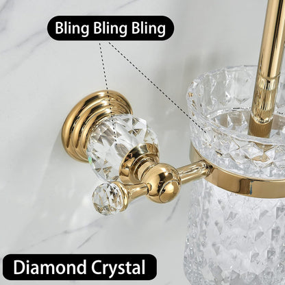WOLIBEER Crystal Toilet Brush Holder, Polished Gold Brush Handle with Replaceable Brush Head, Stainless Steel Bathroom Cleaning Set Wall Mounted