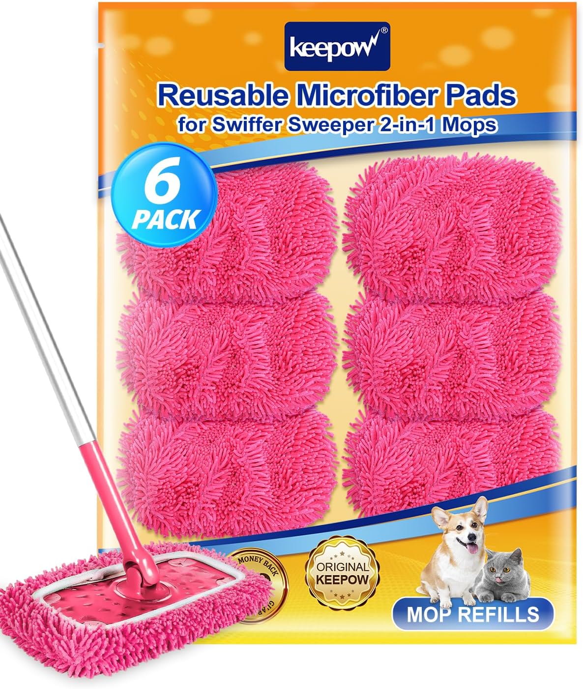 KEEPOW Reusable Microfiber Mop Pads Compatible with Swiffer Sweeper, Dry Sweeping Cloths, Washable Wet Mopping Cloth Refills for Hardwood Floor Cleaning, 6 Pack