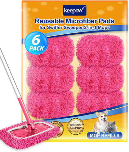 KEEPOW Reusable Microfiber Mop Pads Compatible with Swiffer Sweeper, Dry Sweeping Cloths, Washable Wet Mopping Cloth Refills for Hardwood Floor Cleaning, 6 Pack