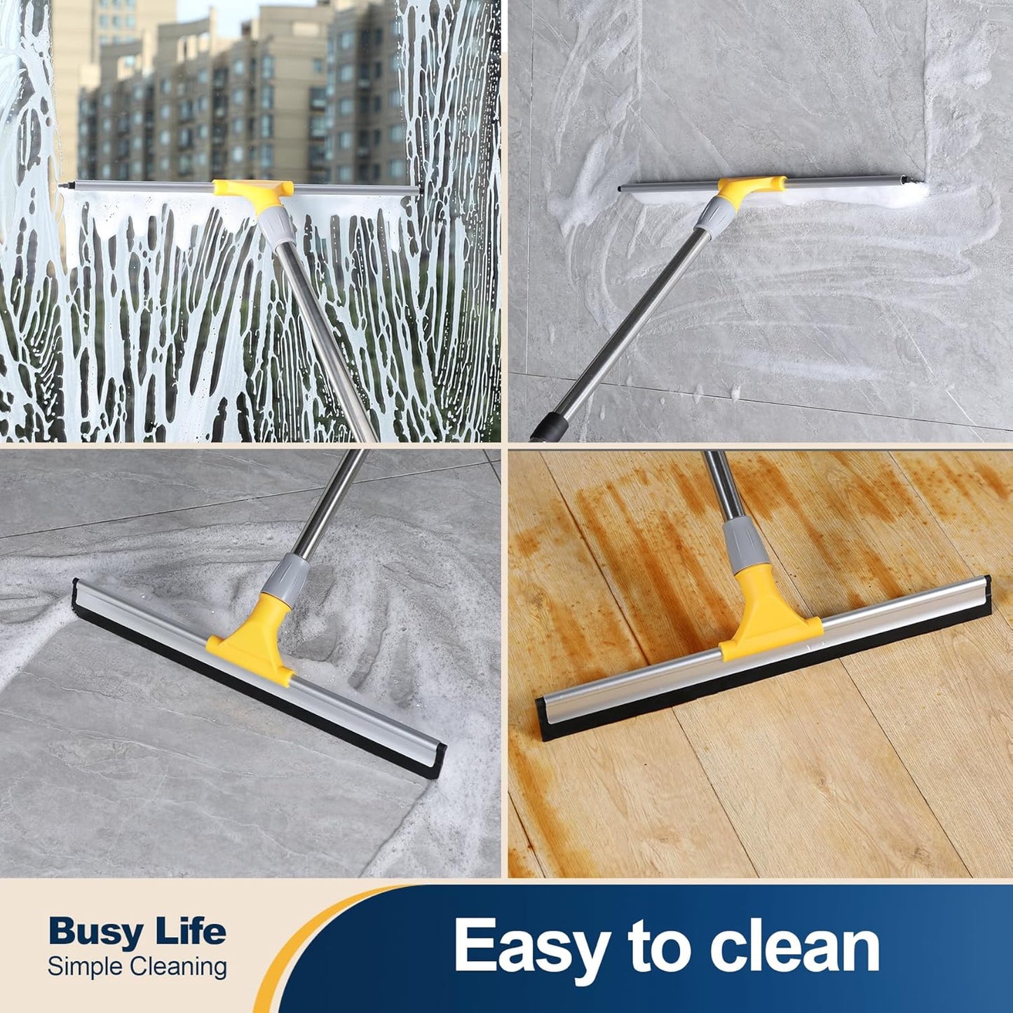 Yocada Rubber Floor Squeegee 17.7" TPR Blade Scrubber Broom 61.8inch Pole Household Broom for Garage Courtyard Shower Bathroom Floor Marble Glass Tile Water Foam Pet Hair Removal Cleaning