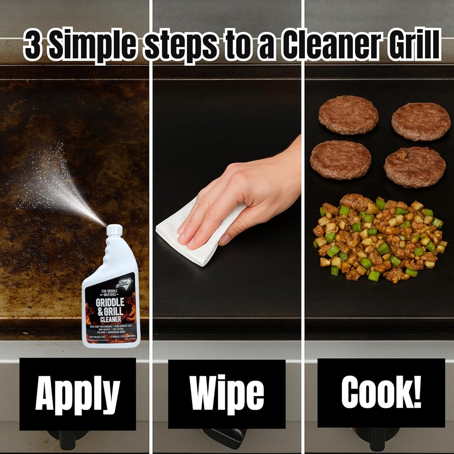 Black Diamond Stoneworks Griddle & Grill Cleaner – Flat Top Griddle Cleaner, Non-Caustic, Food-Contact Safe, Unscented, Residue-Free, Stainless & Cold-Rolled Steel, 32 fl oz (32)