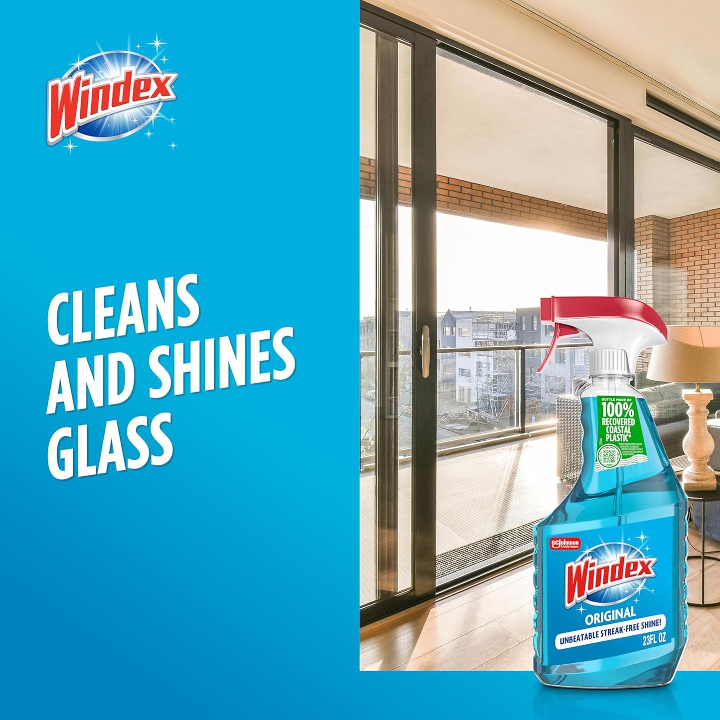 Windex Glass and Window Cleaner Spray Bottle, Bottle Made from 100% Recycled Plastic, Surface Cleaning Spray, Original Blue Scent, 23 Fl Oz (Pack of 6)