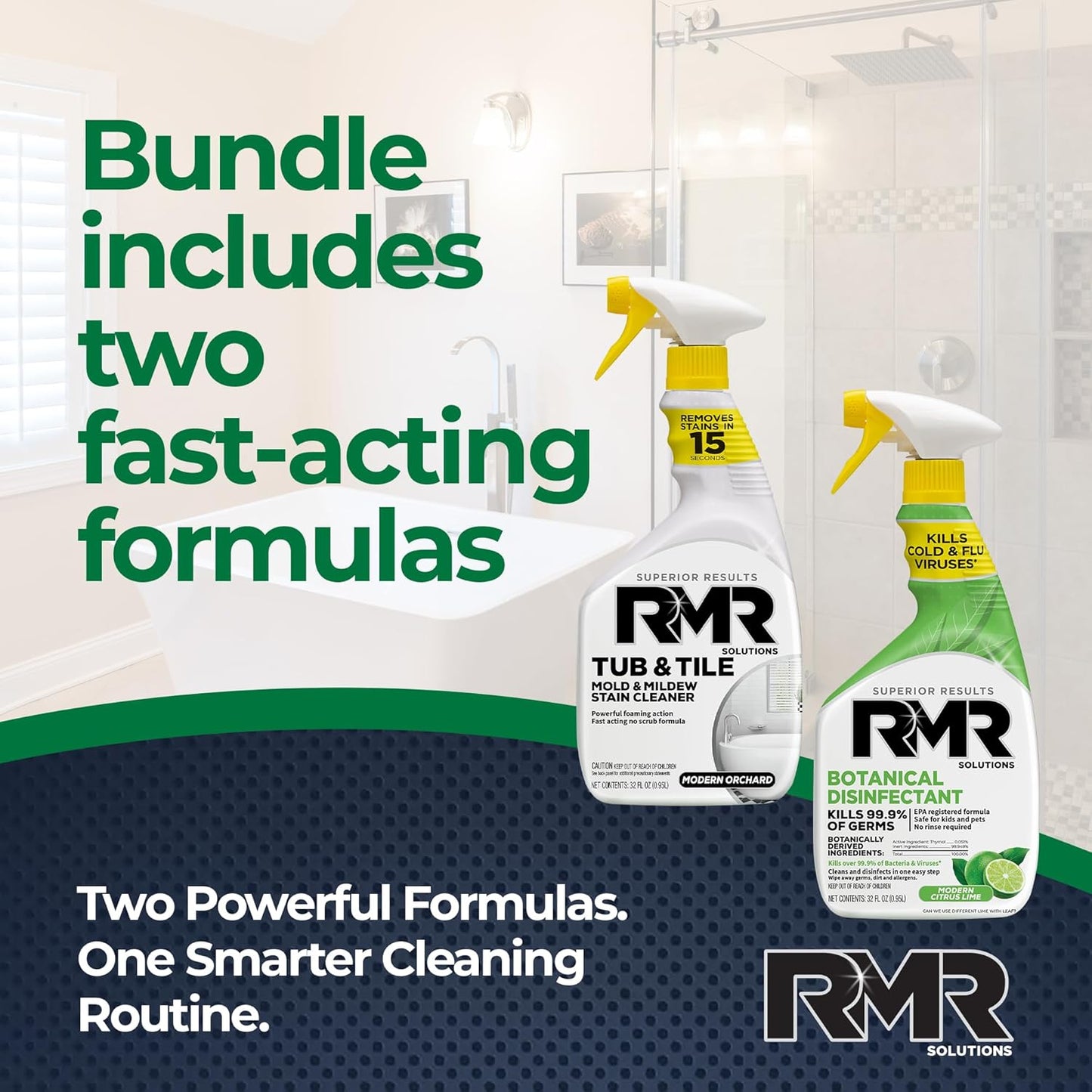RMR Germ & Grime Guard Bundle – Tub & Tile Mold & Mildew Stain Remover + Botanical Disinfectant Cleaner, 2-Step Bathroom & Home Cleaning for Tile, Grout, Shower, Counters & More, 2–32 Oz Bottles
