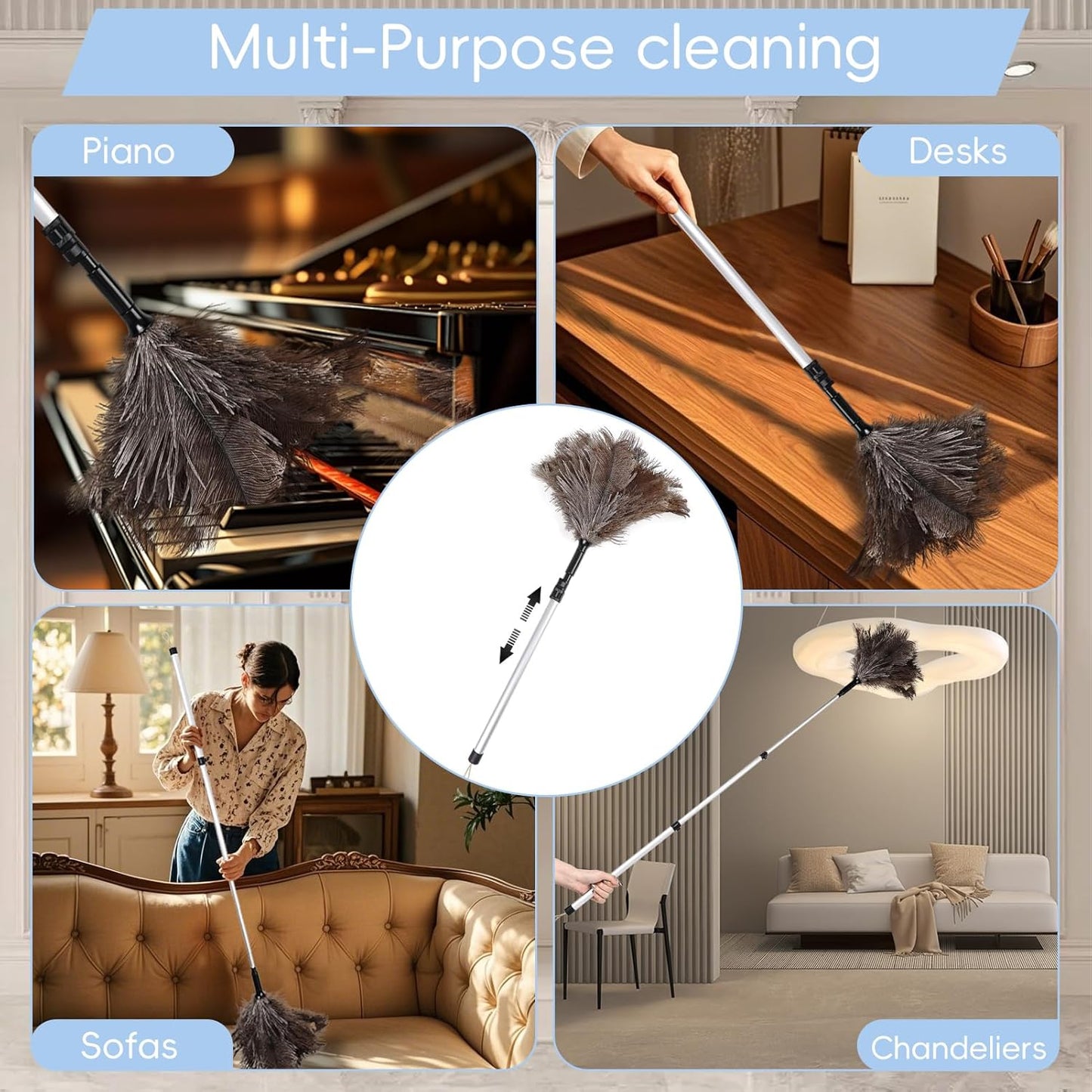 THARAHT Extendable Ostrich Feather Duster up to 27-94 inches Fluffy Feathers Long Handle Reusable for Cleaning Ceiling Fan Pendant lamp High Ceiling Blinds Furniture Feather Duster