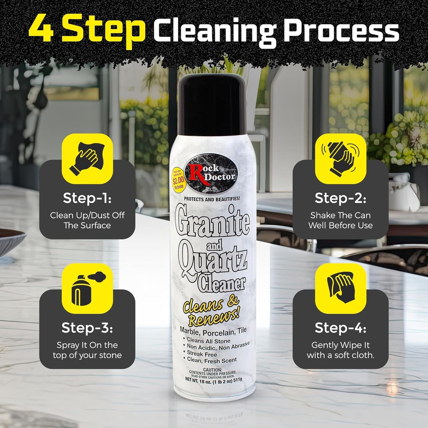 Rock Doctor Granite & Quartz Cleaner Spray 18 oz. Can, Cleans Tile, Marble, Kitchen Countertop, and Natural Stone Surfaces, Streak-Free Shine (6Pack)