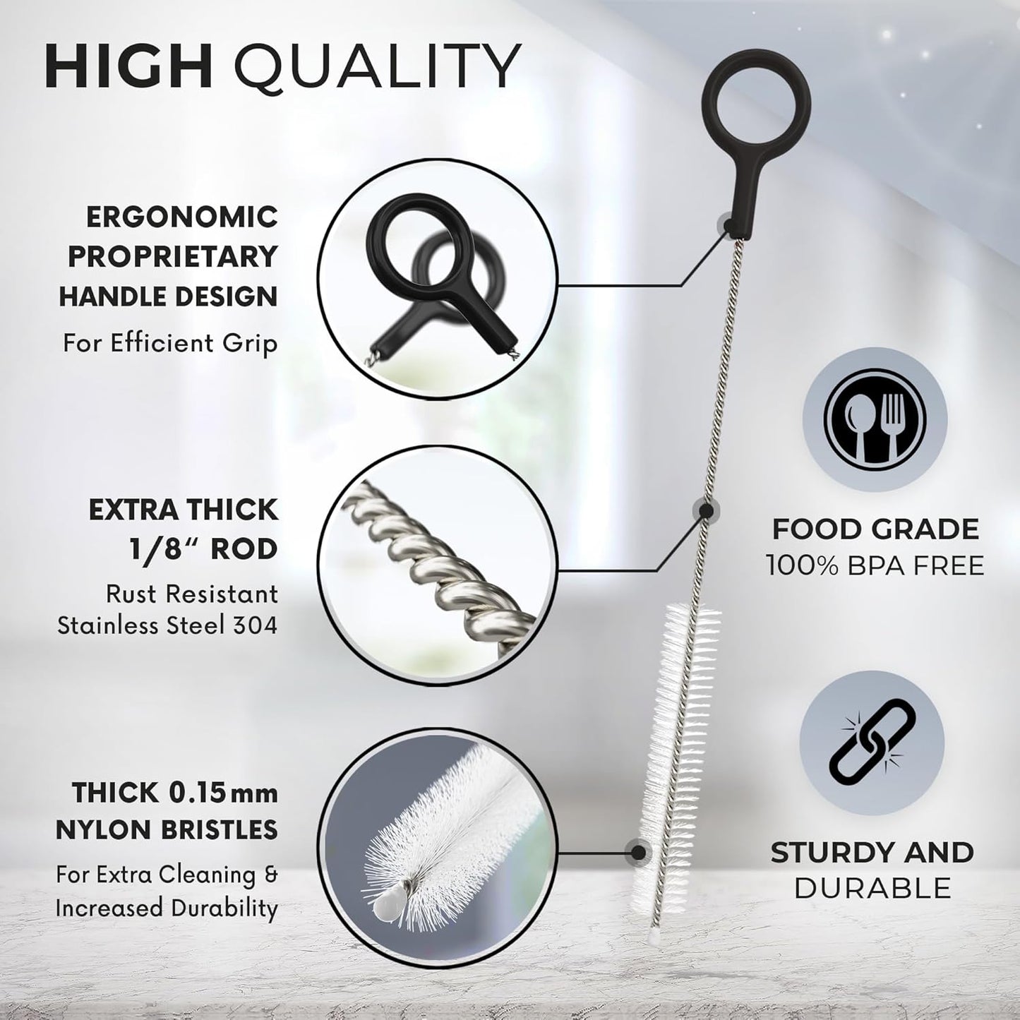 Buenalife Heavy Duty Cleaning Brushes Set of 4 - Extra Long Straw Cleaners for Metal and Plastic Reusable Drinking Straws, to Clean Small Spaces, Sippy Cups, Water Bottles - Sturdy Hard Brush Bristles