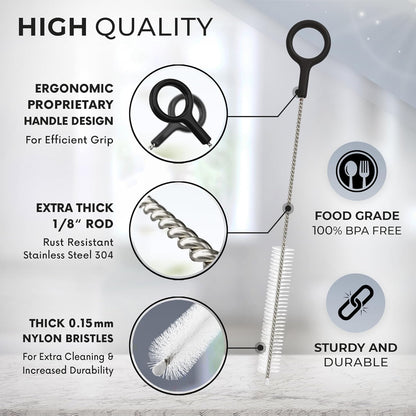 Buenalife Heavy Duty Cleaning Brushes Set of 4 - Extra Long Straw Cleaners for Metal and Plastic Reusable Drinking Straws, to Clean Small Spaces, Sippy Cups, Water Bottles - Sturdy Hard Brush Bristles