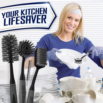 Dish Brush Set of 5 with Holder - Kitchen Scrub Brushes with Non-Slip Long Handle for Cleaning, Scrubber, Dishwashing, Dishes, Bottles, Straws, Cups, Pots & Sink, Black